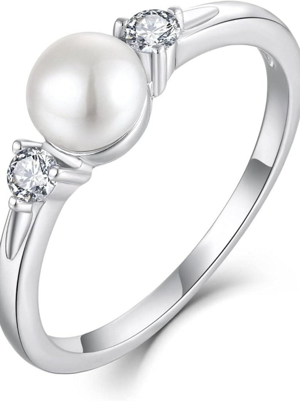 Elegant Pearl Ring in 925 Sterling Silver with Cubic Zirconia, Size 5-10